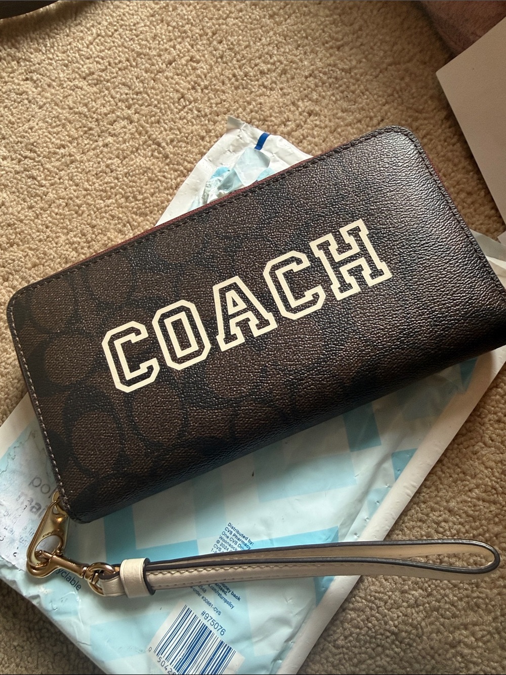 Coach Brown Signature Zip Wallet with White Logo and Red Trim